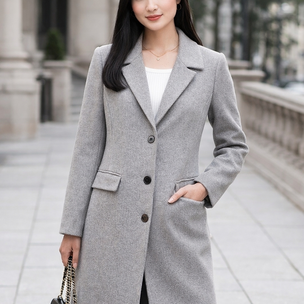 Gray Wool Blend Winter Coat XL Tailored Long Notched Collar Dressy Classic Chic - Picture 8 of 15
